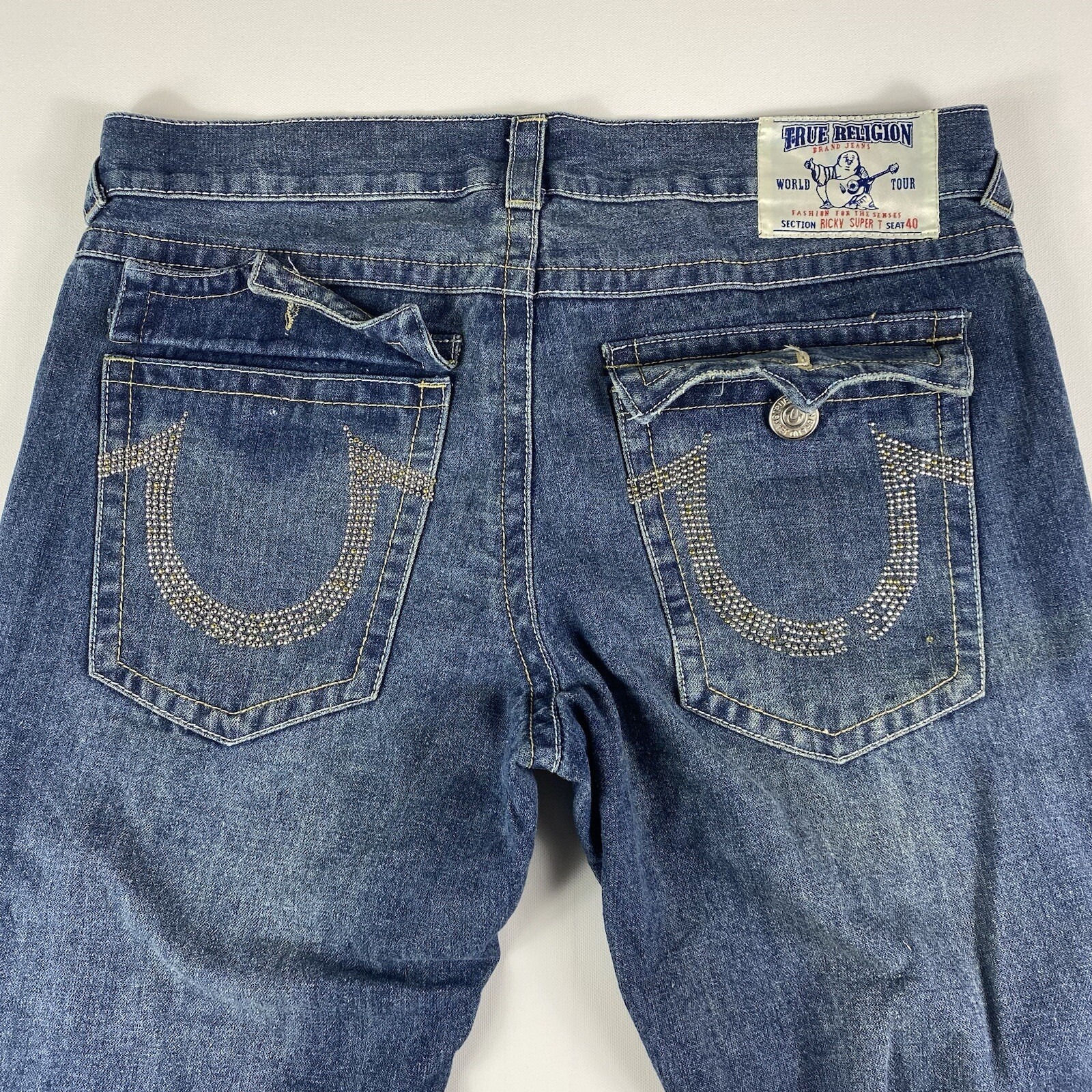 True Religion Jeans Mens 38x34 Ricky Super T Flap Pockets Seat 40 Rivets